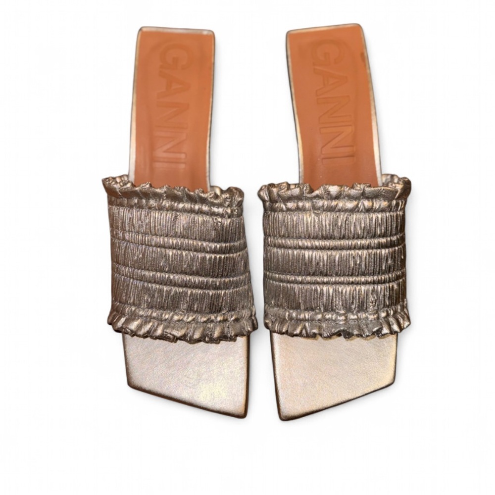 GANNI silver shirred metallic mules
